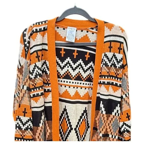 Serra Women Aztec Open Front Cardigan Sweater L Orange & Black Pockets Southwest - Picture 2 of 5